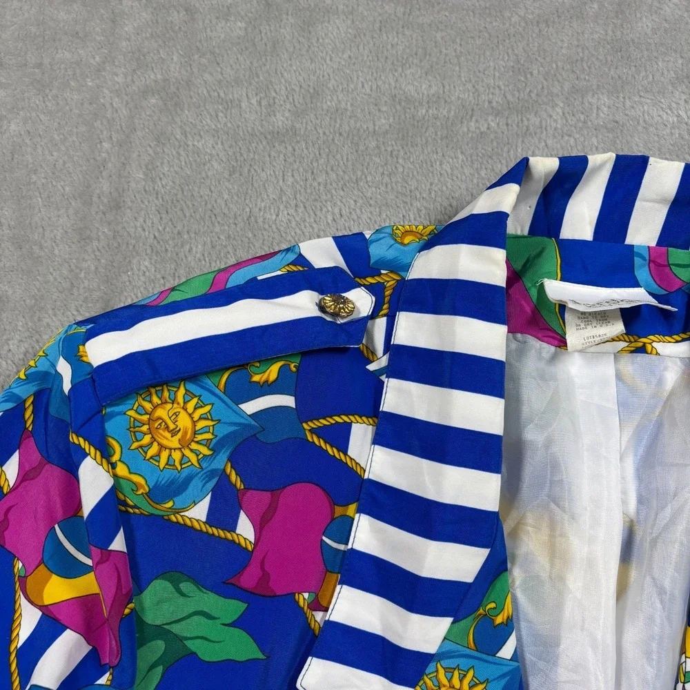 Vintage Jordana Blazer Women Large Blue Nautical Flag Striped Collar USA 80s 90s - Picture 6 of 8